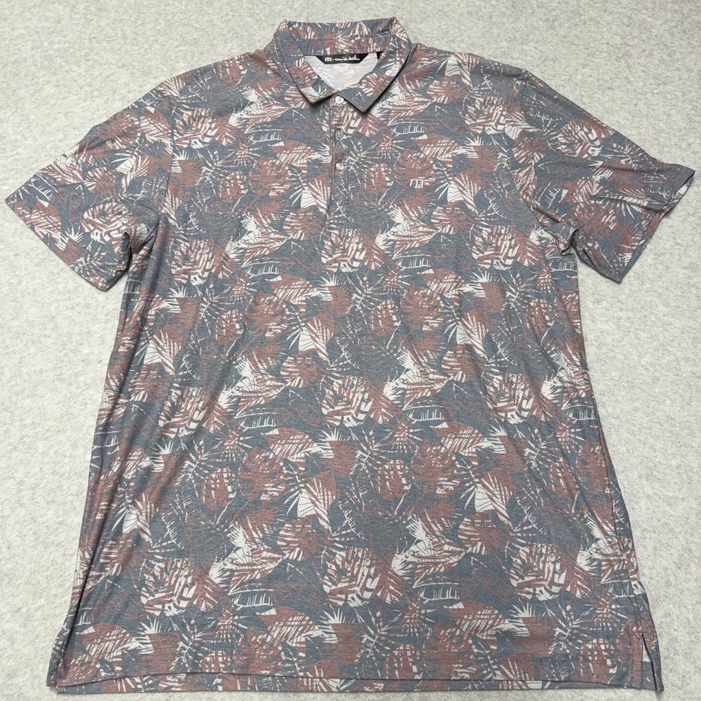 Travis Mathew Polo Shirt Mens 2XL Blue Floral Leaf Print Golf Pima Cotton Blend